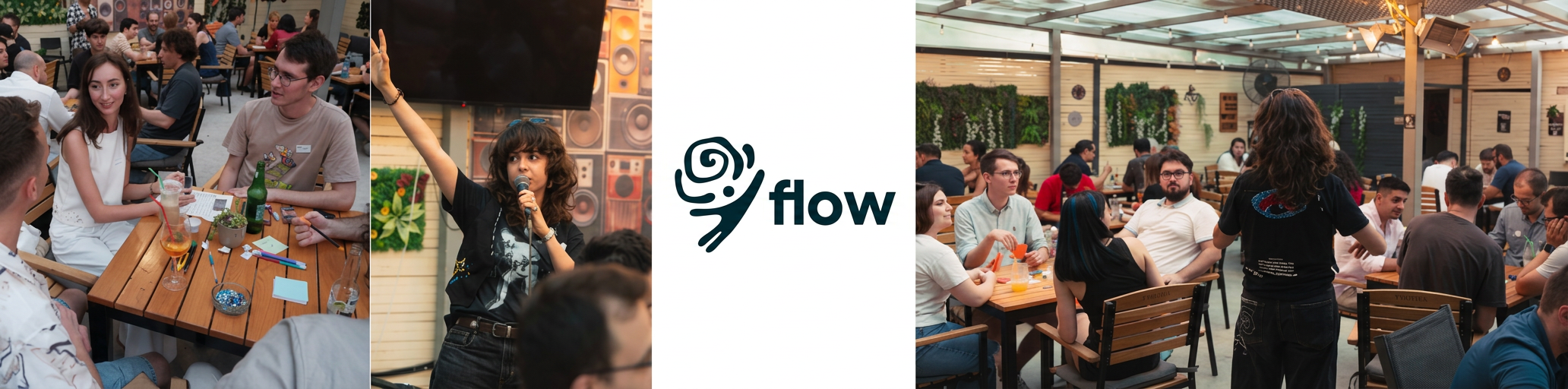 Flow social events collage: people connecting at cafe gatherings, workshops and hosted conversations